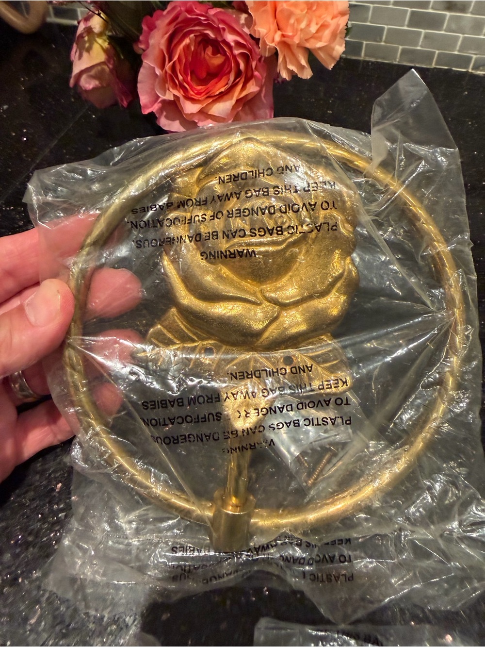 Vintage Pair Beautiful Rose Carved Brass Towel Rings